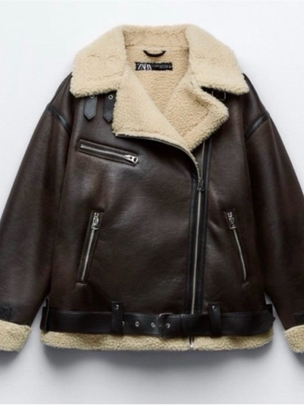 Zara Brown Leather Biker Jacket with Cream Shearling